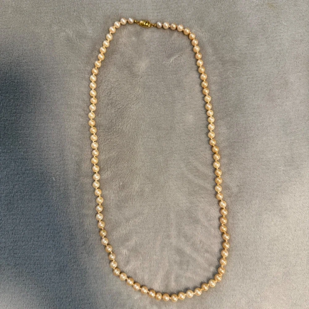Vintage Monet Pearl Necklace Signed Gold-Tone Clasp Long Strand‎